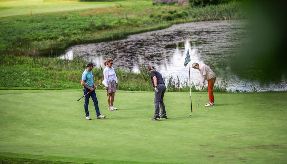 fire mennesker der spiller golf ved søen